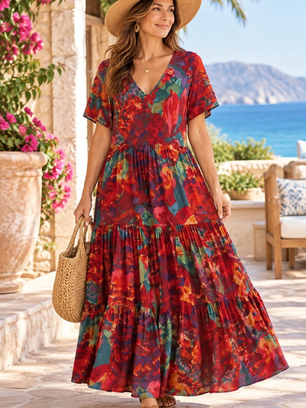 Soft Surroundings Floral Red Blue V-Neck Flutter Sleeve Tiered Maxi Dress Sz M
